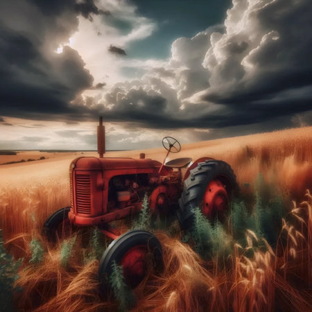 A vintage tractor in field, Ai generated imageの写真素材