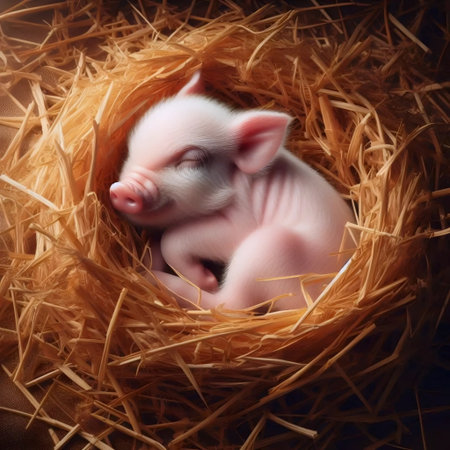 Piglet in straw, Ai generated imageの写真素材