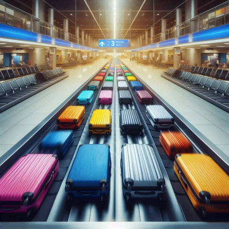 A baggage carousel at the airport with suitcases, Ai generated imageの写真素材