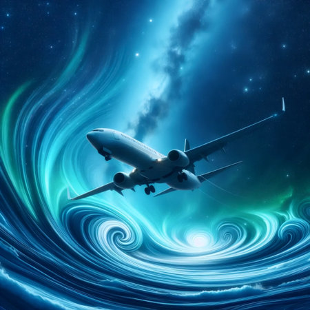 An airplane flying through the aurora borealis, Ai generated image