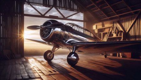 A vintage propeller plane in a hangar at sunrise, Ai generated image