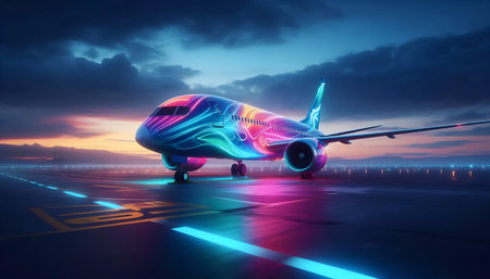 Fantasy airline liveries Neon Airways or Galactic Airlines, Ai generated image