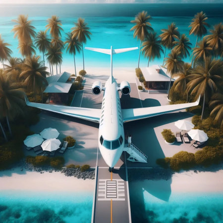 A drones view of a private jet on a tropical runway, Ai generated image