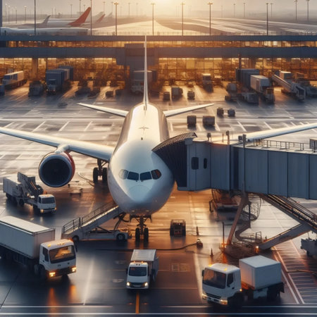 An airplane at the gate with a jet bridge and ground service vehicles, Ai generated image