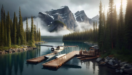 A seaplane docking at a wilderness lodge pier, Ai generated image