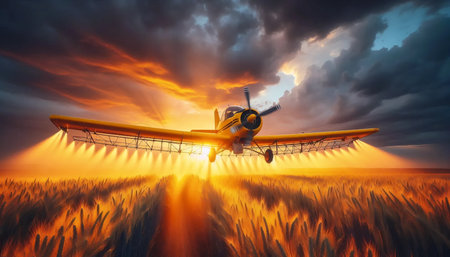 A crop duster plane flying low over golden fields, Ai generated imageの写真素材