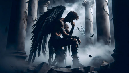 A dark gothic angel with torn wings in post-apocalyptic ruins, Ai generated image