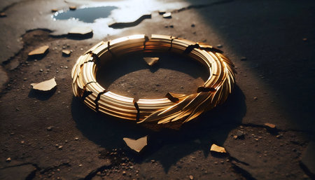 A broken halo resting on cracked concrete, Ai generated imageの写真素材