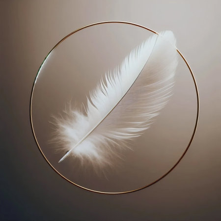 A single floating feather with a golden ring halo, Ai generated image
