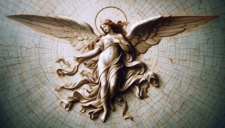 A Renaissance fresco angel with gilt details on aged plaster, Ai generated imageの写真素材