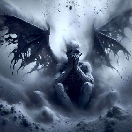 A skeletal angel with moth-eaten wings in abandoned church, Ai generated image