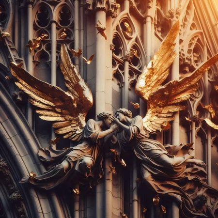 A cathedral spire transforming into ascending angels at sunset, Ai generated image