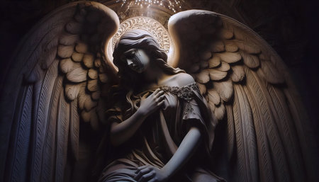 A marble angel monument in moonlit cemetery, Ai generated image