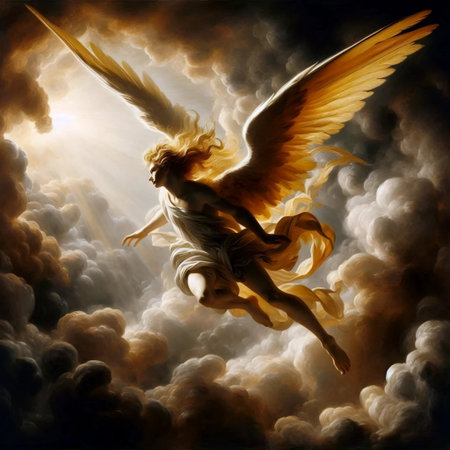 A Baroque angel with dramatic torchlight illumination, Ai generated image