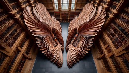 A library with bookshelves forming angel wing patterns, Ai generated image