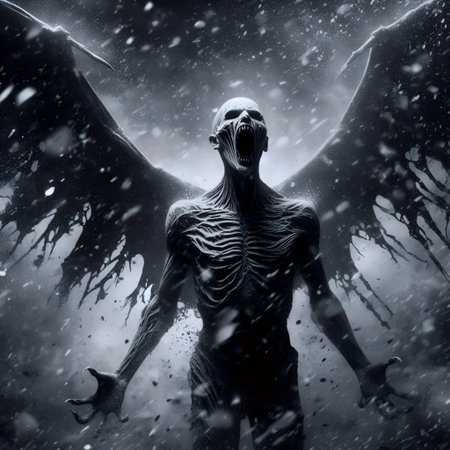 A skeletal angel with moth-eaten wings in abandoned church, Ai generated image