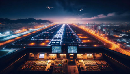 A view from the air traffic control tower at night, Ai generated image