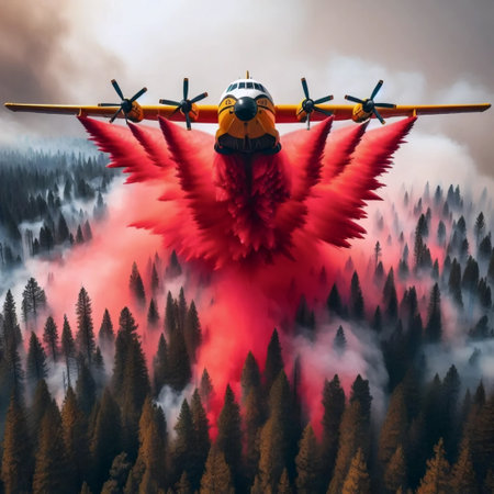 A firefighting plane dropping retardant over forest, Ai generated imageの写真素材