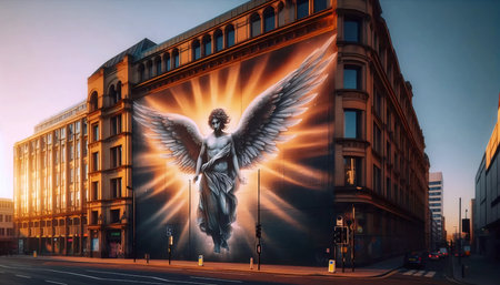 A giant angel mural on a brick alleyway at golden hour, Ai generated imageの写真素材