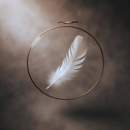 A single floating feather with a golden ring halo, Ai generated imageの写真素材
