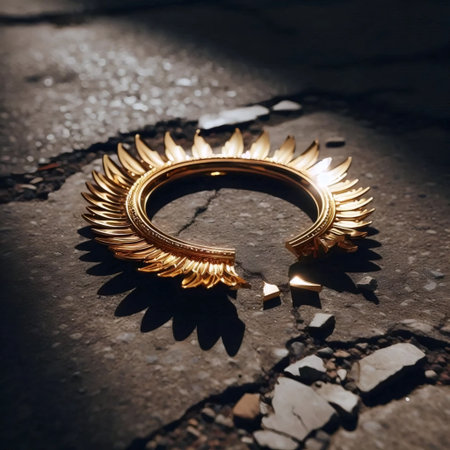 A broken halo resting on cracked concrete, Ai generated imageの写真素材