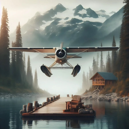 A seaplane docking at a wilderness lodge pier, Ai generated image