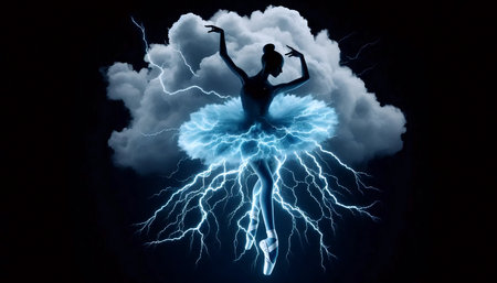 Dancer as storm cloud with lightning skirt, Ai generated image