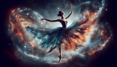 Ballerina with galaxy-filled tutu in space, Ai generated imageの写真素材