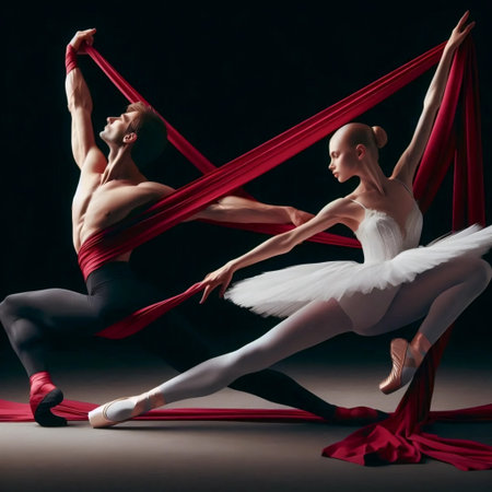 Two dancers pulling apart with red ribbon, Ai generated imageの写真素材