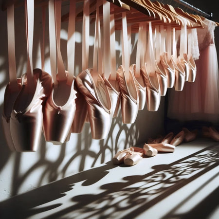 Silk ballet slippers hanging on costume rack, Ai generated image