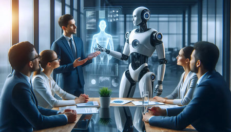 A robotic assistant in business meeting, Ai generated image