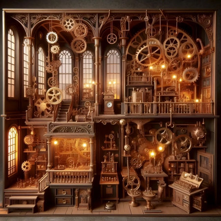 A steampunk workshop dollhouse, AI generated image