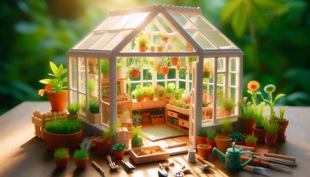 A miniature greenhouse dollhouse, AI generated image