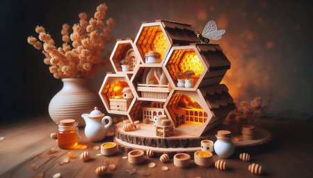 A miniature honeybee hive dollhouse, AI generated image