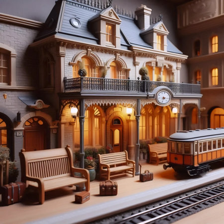 A miniature vintage train station dollhouse, AI generated image