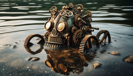 Mechanical mermaid in harbor, AI generated image