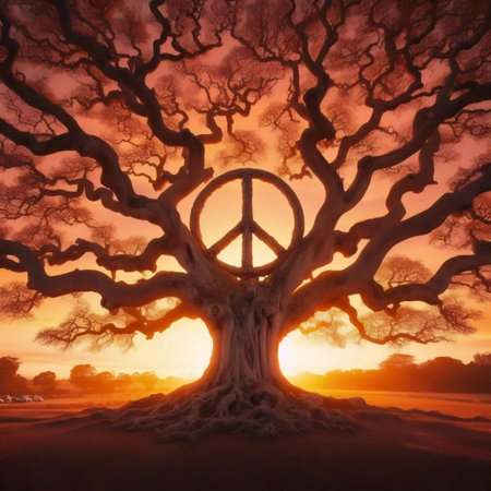A single tree growing on hilltop forming peace symbol with branches, Ai generated imageの写真素材