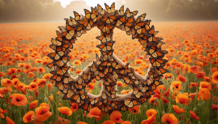 Butterflies forming a peace sign in wildflower meadow, Ai generated imageの写真素材