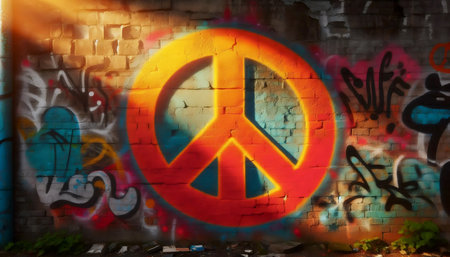 Graffiti peace sign on brick wall with sunlight filtering through, Ai generated imageの写真素材