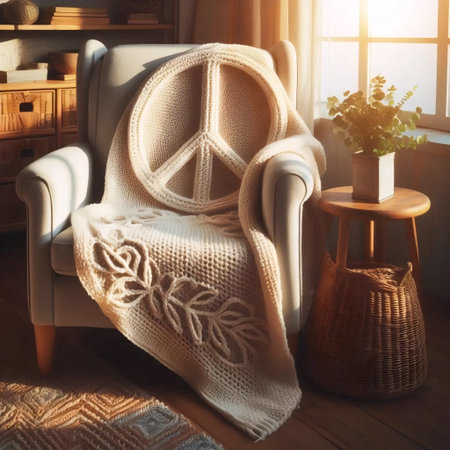 Knitted peace symbol blanket on cozy armchair, Ai generated imageの写真素材