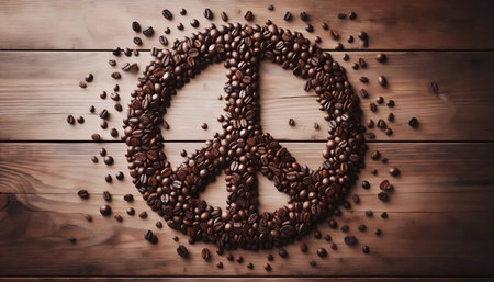 Peace symbol created with coffee bean spills, Ai generated imageの写真素材