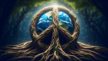 Earth with peace sign formed by interconnected roots, Ai generated imageの写真素材