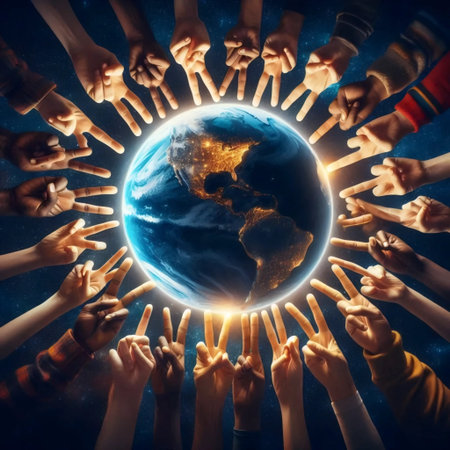 Hands of different skin tones holding peace sign over globe, Ai generated imageの写真素材