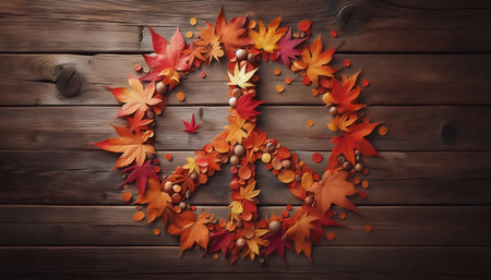 Peace sign made of scattered autumn leaves on wooden table, Ai generated image