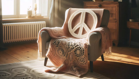 Knitted peace symbol blanket on cozy armchair, Ai generated imageの写真素材