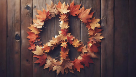 Peace sign made of scattered autumn leaves on wooden table, Ai generated image