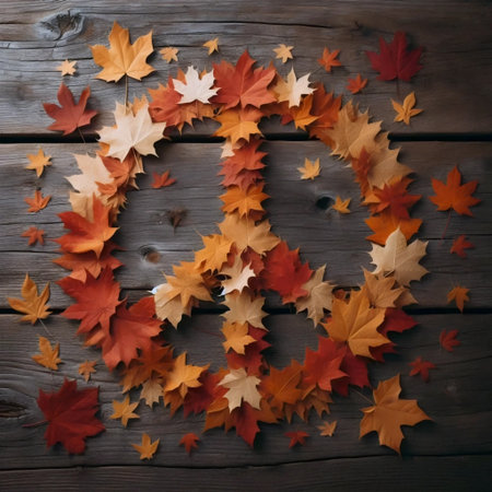 Peace sign made of scattered autumn leaves on wooden table, Ai generated image