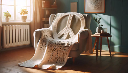 Knitted peace symbol blanket on cozy armchair, Ai generated imageの写真素材