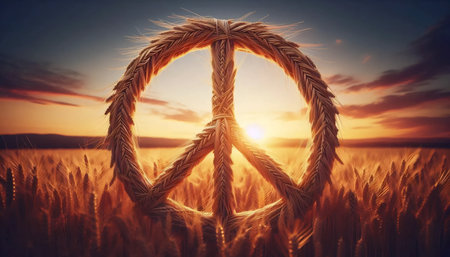 A vintage peace sign made of wheat in golden field, Ai generated image