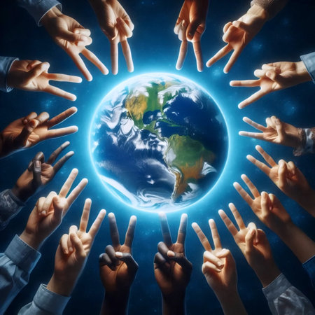 Hands of different skin tones holding peace sign over globe, Ai generated image